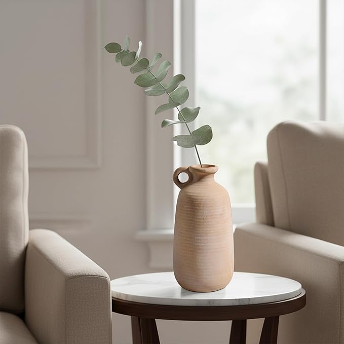 Sunddo Terracotta Rustic Vase with Handle, 10 inch Ceramic Vase, Farmhouse Pottery, Vintage Vases, Centerpiece Table Decorations for Living Room,Shelf Home Decor