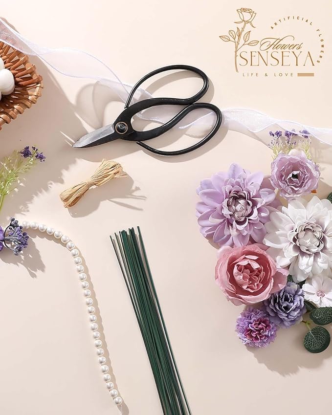 Senseya Artificial Flowers Combo Set, Purple Silk Roses, Peonies, Dahlias with Stems for DIY Wedding Bouquets, Baby Shower, Table Centerpieces, Home Decor, Fake Floral Arrangements, Party Decorations