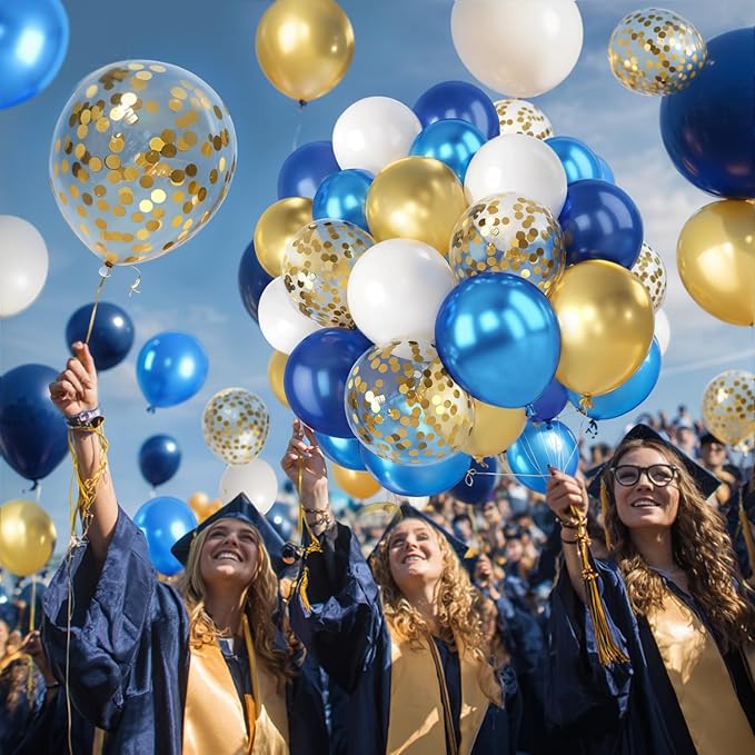 Navy Blue and Gold Confetti Balloons, 50pcs 12 Inch Metallic Blue Latex Confetti Balloons Matte White Latex Balloons with 33 Feet String for Birthday Wedding Gender Revea Decorations