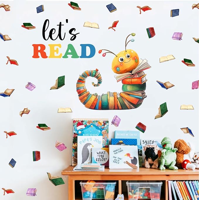 Colorful Book Caterpillar Wall Stickers, Let’s Read Classroom Vinyl Wall Decals, Removable School Reading DIY Wall Art for Kindergarten Preschool Library Decor