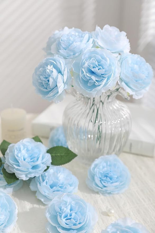 12 PCS Artificial Silk Blue Peony Flowers with Stems - 8 Inch Fake Peony Bouquet for Wedding, Home Decor, Office Table, Festival Gifts