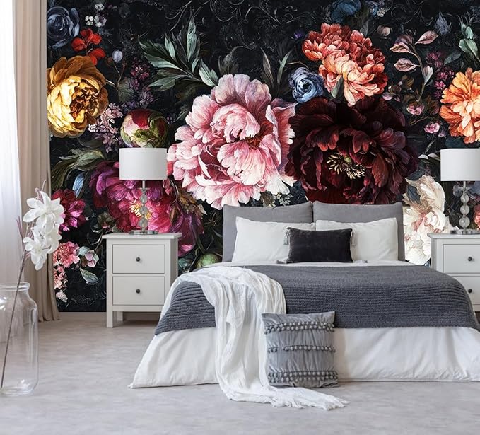 Dark Floral Wallpaper Mural Large Peony Flowers Wall Murals for Bedroom（Not Peel and Stick）