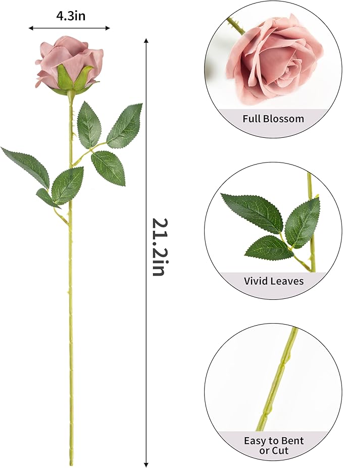 DuHouse 10pcs Silk Roses Artificial Flowers Fake Rose for Arrangement Wedding Party Home Decoration (Dusty Rose)
