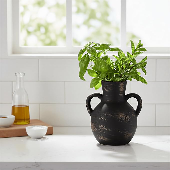 7.1-Inch Black Ceramic Flower Vase with Handles, Rustic Farmhouse Boho Pottery Decor for Table, Living Room & Shelf