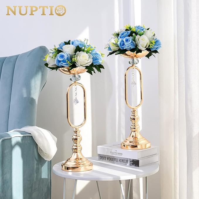 NUPTIO Flower Centerpieces for Wedding Tables: Blue & White Artificial Flower Ball Arrangement for Weddings Party - 2 Pcs Fake Floral Rose for Birthday Bridal Shower Decorations