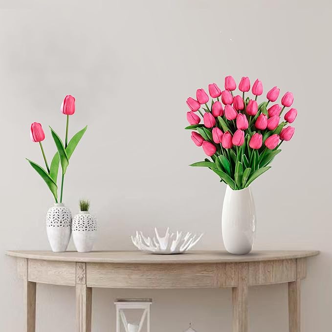 Sggvecsy 15 Pcs Fake Tulips Artificial Flowers Real Touch PU Faux Flowers Tulip Stems for Wedding Spring Bouquet Floral Arrangement Home Party Office Decorations for Mother's Day (Dark Pink)