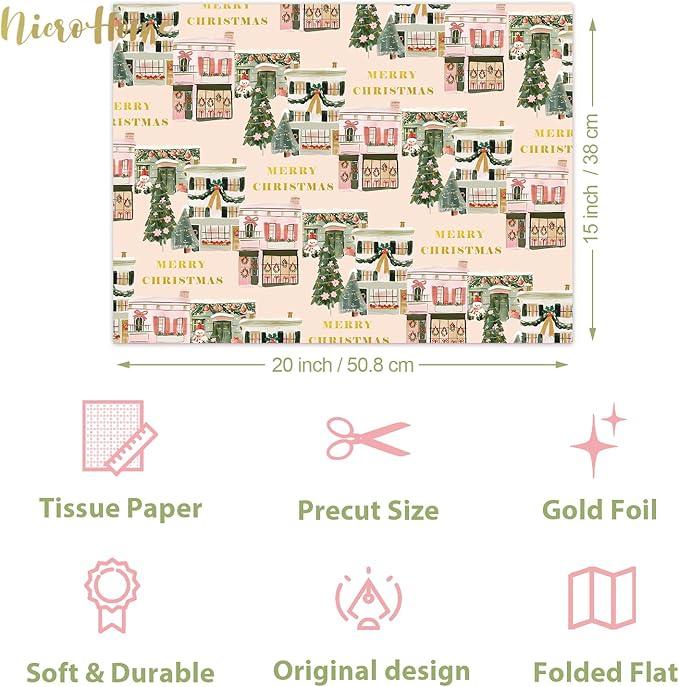 NICROHOME EUR 24 Sheets Christmas Tissue Paper, Sage Green Pink Tissue Wrapping Paper with Christmas Tree House Snowman Socks Pattern, Small Gifts Wrapping Paper for Xmas Crafts Gifts (15 X 20 Inch)