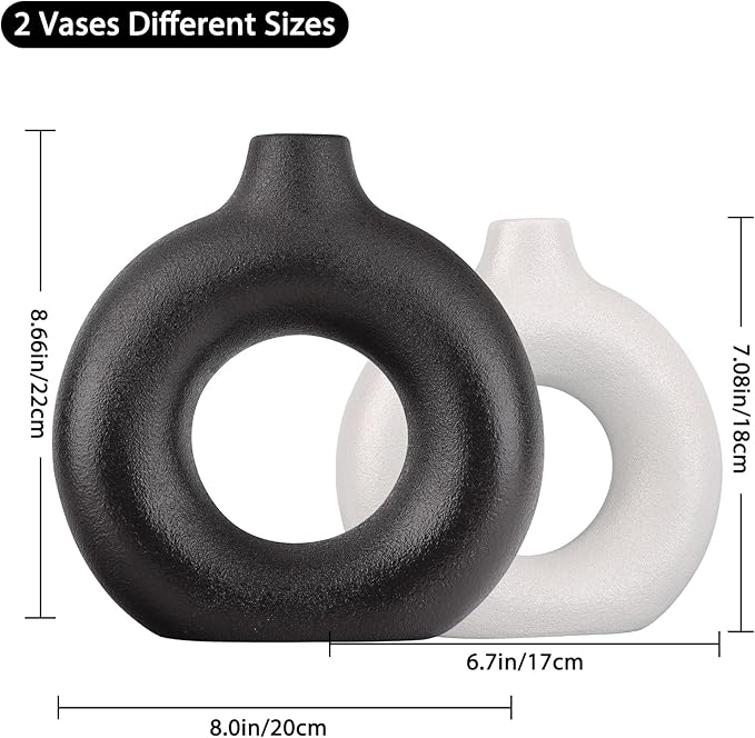 Black and White Vase Decor Donut Vase Set of 2 - Circle Hollow Vases, Modern Matte Ceramic Vases for Entryway Living Room Bedroom Dining Table Centerpiece Office Home Decor