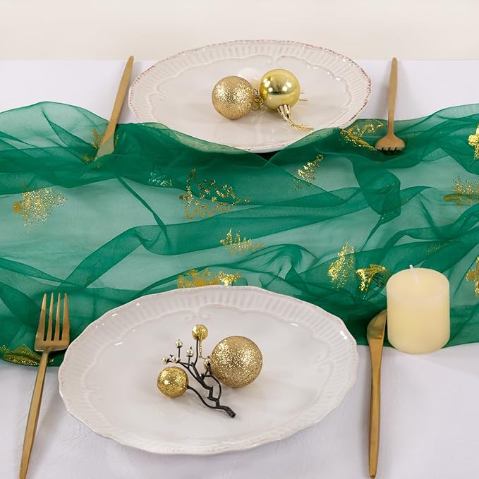 Socomi Christmas Tree Table Runner Gold Gauze Sheer Chiffon Cheesecloth Sequin 10FT Glitter Metallic Foil Dining Wedding Birthday Party Winter Holiday Centerpiece Table Decor Emerald Green