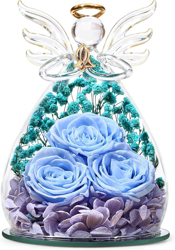 Beferr Christmas Birthday Gifts for Women, Mom Gifts for Christmas Fresh Flowers for Delivery Prime Forever Preserved Rose in Glass Angel Figurine Xmas Gifts for Grandma Wife Sister Her, Light Blue