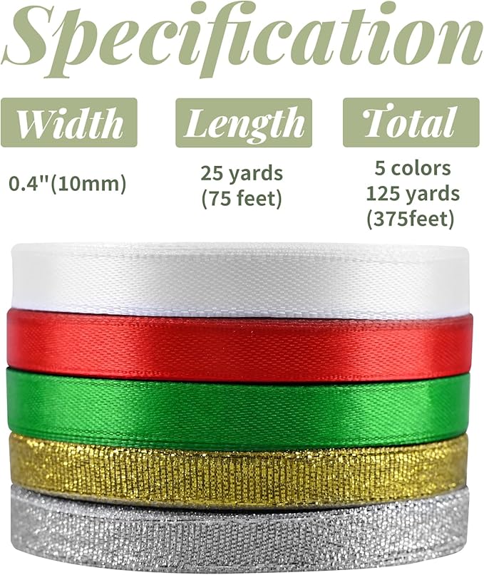 5 Rolls 125 Yards Christmas Ribbons, 10mm Wide Metallic Glitter Fabric Holiday Festival Satin Ribbons for Christmas Gift Wrapping Decoration