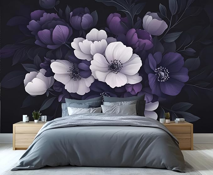 Dark Peony Floral Wall Mural, Purple and Black Flower 3D Wall Murals, Luxury Botanical Wallpaper Mural, for Living Room Bedroom Large Wallpaper Indoor Decor 78.7" W x55.1 H