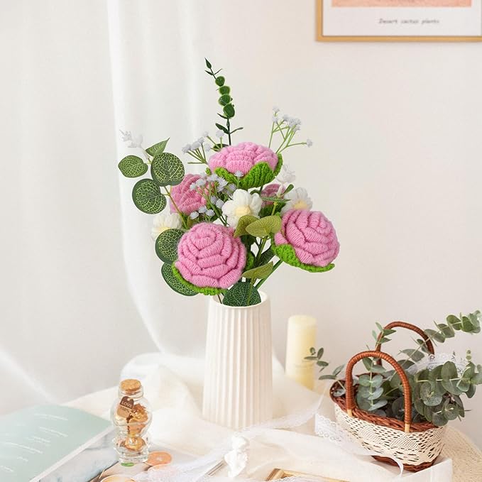 Crochet Flowers Bouquet, Handmade Knitted Rose Bouquet with Gift Bag for Home Deocor, Crocheted Finished Flower for Wedding, Mother's Day, Teachers' Day and Valentine's Day, Pink White