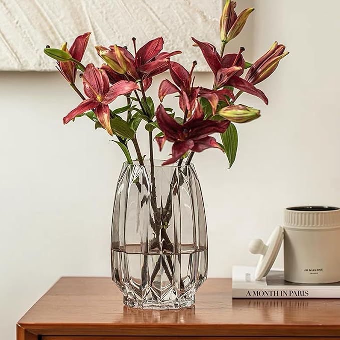 Flower Vase,7.8 inch,GIDARY Thickened Clear Ribbed Glass Vase for Bookshelf,Dinner Table,Indoor Office Desktop,Meeting Room,Home Christmas Day Decoration