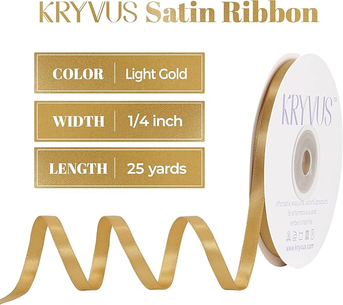 Light Gold Satin Ribbon, Double Faced 1/4 Inch X 25 Yards Light Gold Ribbon, Premium Satin Ribbon for Gift Wrapping, Crafts, Hair Bow Making, Sewing, Flower Bouquet, Wedding Party Decor