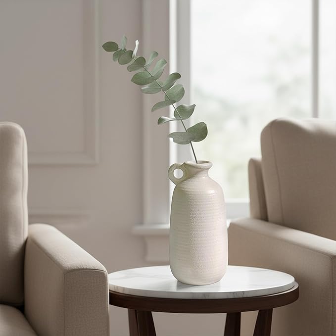 Sunddo White Vase with Handle, 10 inch Ceramic Rustic Vase, Farmhouse Decor, Boho Modern Decorations, Table, Living Room, Shelf, Mantel Decor