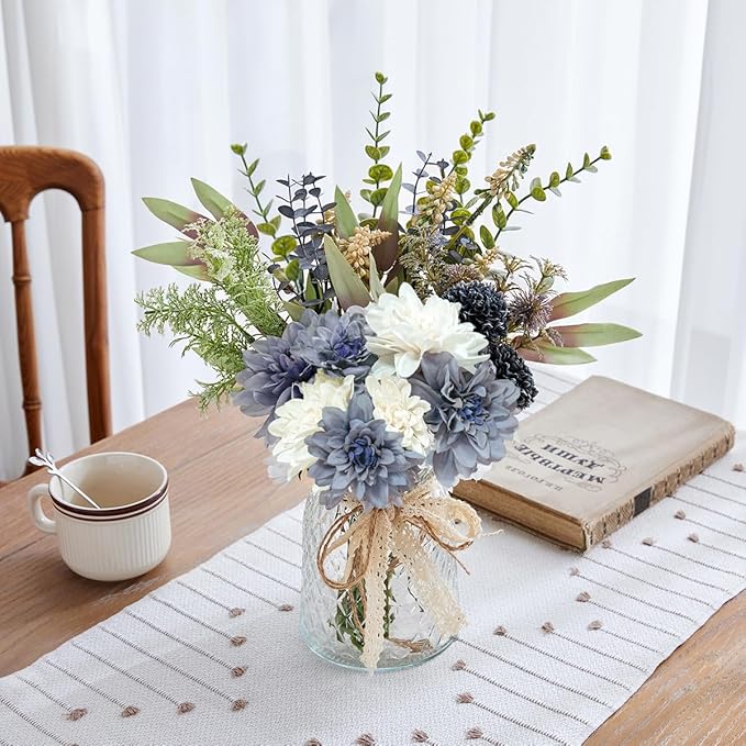 Wracra Artificial Flowers in Vase, Silk Fake Flowers in Vase, Faux Flowers Table Centerpieces for Dining Room, Bathroom Farmhouse Kitchen Coffee Table Decor (White Blue Dahlia)