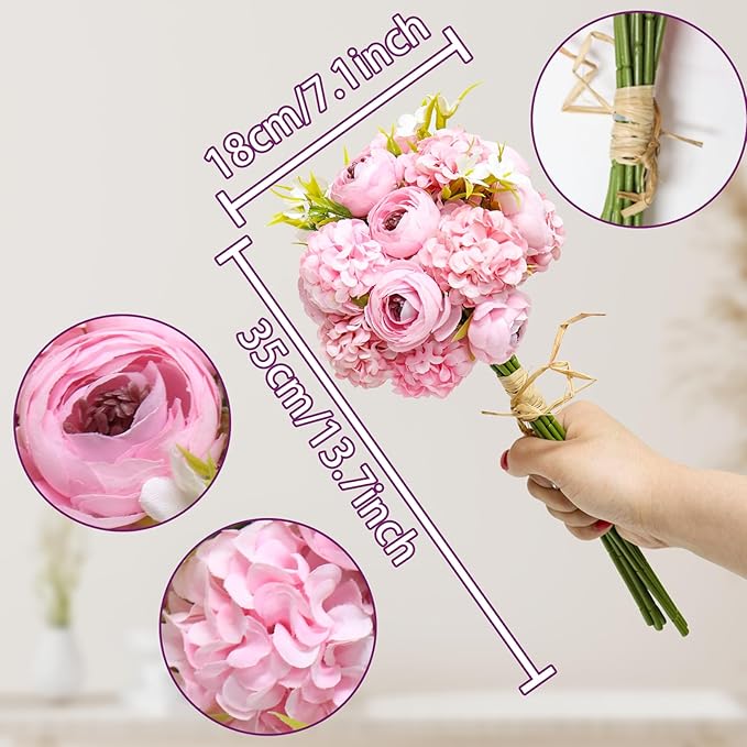 Zerzsy Artificial Flowers Bouquets, Mixed Pink Artificial Peonies, Fake Flower Bride Holding Flowers Faux Floral for Home Wedding Spring Decor
