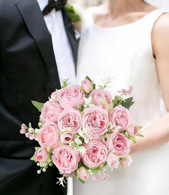 Mkono Peonies Artificial Flowers, Small Silk Flowers for Home Decor Indoor Fake Bouquet Faux Floral Arrangements Dining Table Centerpieces for Kitchen Bridal Wedding Party Decor Pink