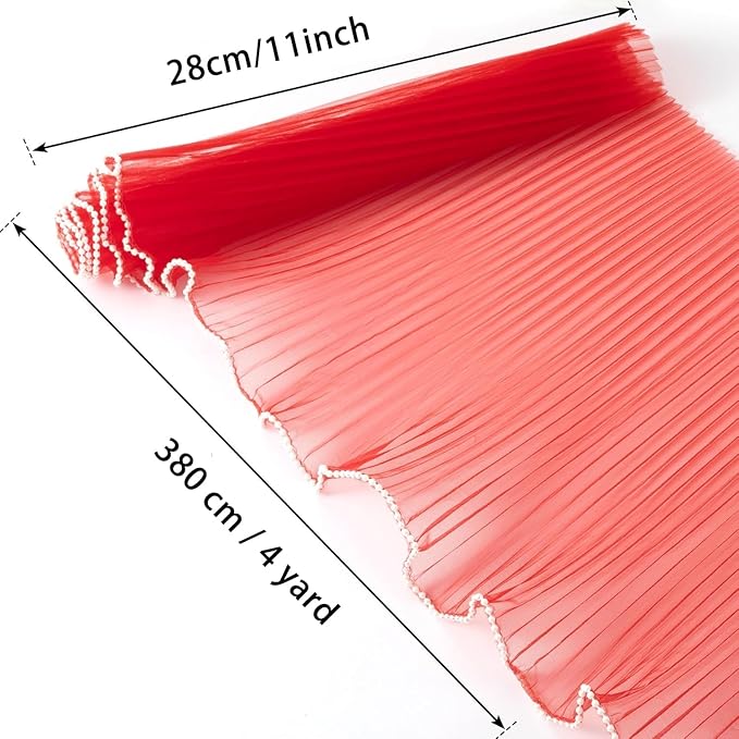 Cftone 4 Yards Pearl Edge Flower Wrapping Mesh Paper with 3/5 inch Organza Ribbon 50 Yard Gift Wrap Ribbon, Bouquet Transparent Mesh Wrapping Paper for Mother's Day Valentine's Day Wedding Graduation Birthday Gift (Red with 50 Yard Wine Red Ribbon)