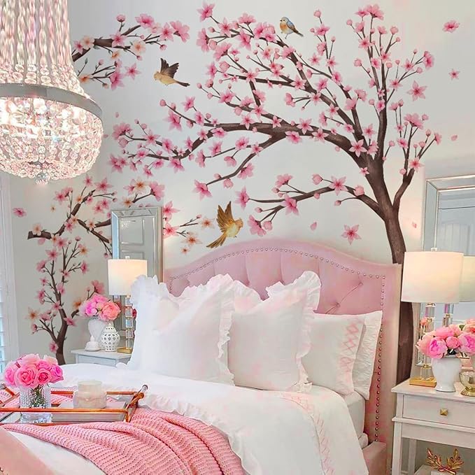 Pink Cherry Blossom Floral Birds Wall Decals Large Cherry Blossom Tree Branch Wall Stickers for Sofa TV Background Wall Decor Bedroom Living Room 67.32x42.91inch