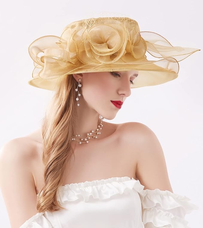 Organza Derby Hats for Women Wide Brim Fascinator Hat Rose Flower Wedding Tea Party Hat