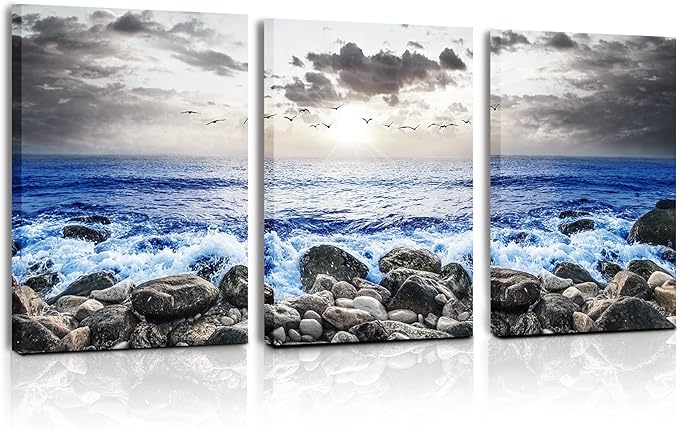 SERIMINO Beach Canvas Wall Art for Living Room, Blue Coastal Wall Decor for Bedroom, Seaside Pictures for Bathroom Wall Decoration, Ocean Painting Set for Office, Home Decor 12"X16"