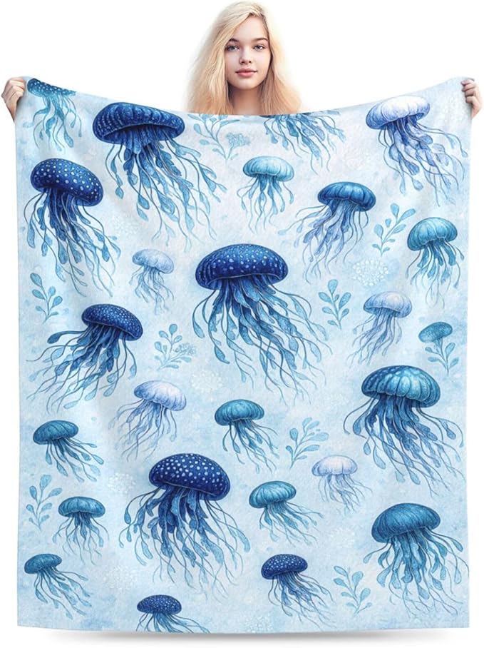 Jellyfish Blanket Marine Life Throw Blanket Blue Ocean Sea Soft Cozy Fleece Sealife Fuzzy Stuffed Plush Animal Flannel Gifts for Girls Women Boys Kids Adults 60"X80"