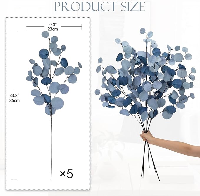 Blue Eucalyptus Stems Fake Eucalyptus Leaves 34” Long Silver Dollar Leaves 5 Pcs Silk Eucalyptus Stems for DIY Bouquet Arrangements Centerpieces Shower Decorations-Artificial Eucalyptus Spray
