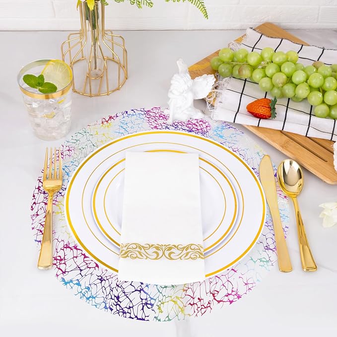 Hysenm 50 Pcs Disposable Colorful Placemats Set Metallic 13 Inch Round Table Doilies, Ultra-Thin Messy Lines Disposable Placement Mats for Home Decoration Dining Table Wedding Birthday Party