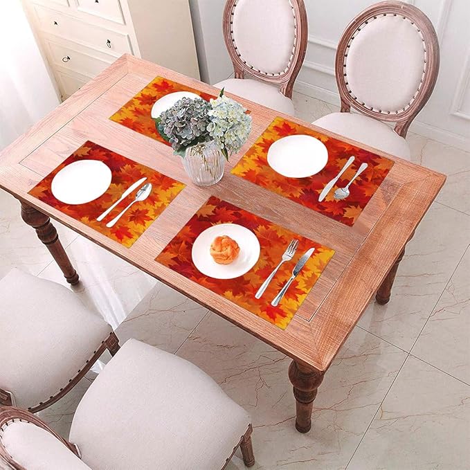 PVC Placemats Set of 6 Wipeable Table Mats Washable Heat Resistant Non Slip Vinyl Dining Table Mat for Kitchen Indoor Outdoor Patio Farmhouse Place Mats Orange Thanksgiving Maple Decorative