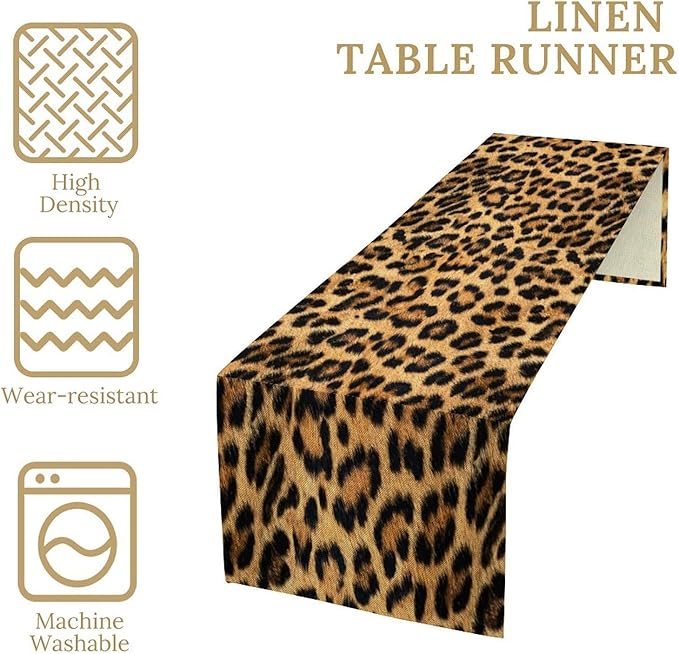 Leopard Skin Print Table Runner, Vintage Cottage Country Farmhouse Wildlife Brown Safari Animal Skin Dinner Runner for Home Kitchen Dining Table Party Holiday Decor 13x36in