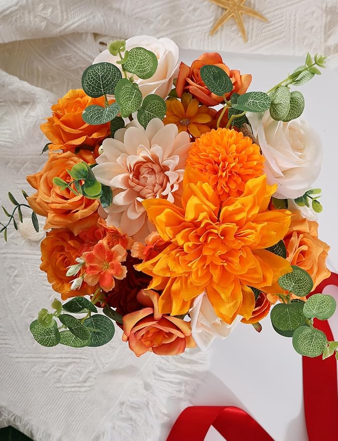 Multi Use Artificial Fall Flowers Burnt Orange Combo Box Set Rose Dahlia Peony Fake Flowers with Stems for DIY Bridal Wedding Bouquets Centerpieces Baby Shower Party Home Decor