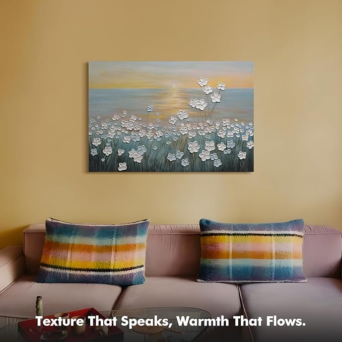 JUHOME Vintage Hand-Painted Thick Texture 3D White Flowers Abstract Oil Painting on Canvas Wall Art,Horizontal Sunset Beach Art Decor for Home Office Hall Wall Decorative,36x24