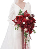 TINGE TIME 15 Inch Artificial Wedding Bouquets for Bride, Cascading Bouquet Wedding Bride Holding Flowers for Wedding Ceremony Anniversary, Bridal Shower and Party (Burgundy Red)