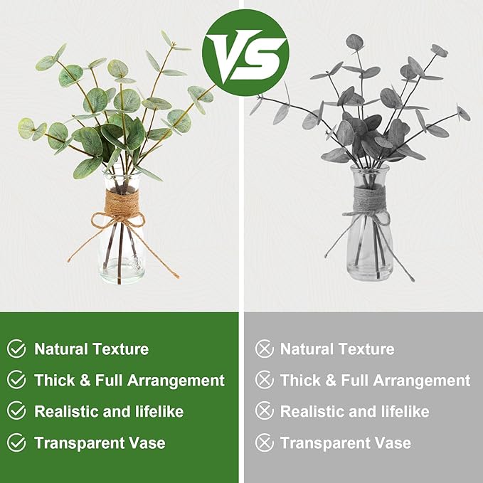 ALAGIRLS Artificial Eucalyptus Stems in Glass Vase with Faux Water,3pcs 13.77" Fake Eucalyptus Plant with Realistic Green Leaves,Plastic Plant Indoor Decor for Bathroom,Living Room,Office