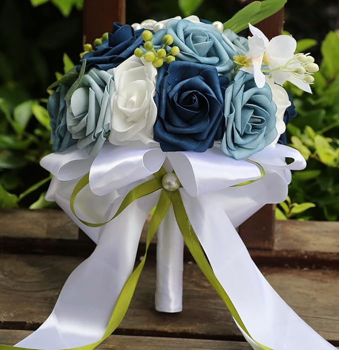 Lightweight Bridal Wedding Bouquet Round Holding Bouquet Throw Toss Artificial Rose Flower Bunch for Bride Bridesmaid Wedding Quinceanera (White & Shades of Blue, 9.1")