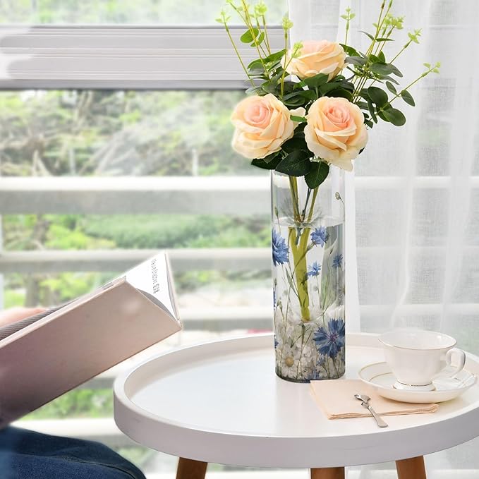 Flower Vase Clear Plastic Cylinder Vases Decor for Centerpieces Home Storage Office Weddings Blue Cornflower White Daisy Flowers 11.8 x 3.9 in