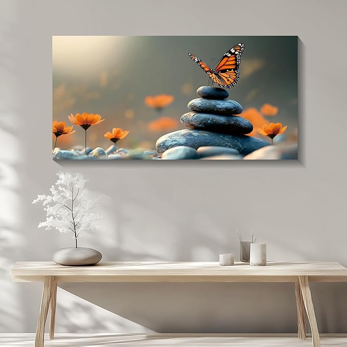 Iallbin Zen Stone Wall Art & Zen Wall Decor, Dark Smooth Rounded Stones Small Star-Shaped Golden-Yellow Flowers-for Yoga Meditation Room, Spa & Bathroom, Orange Monarch butterfly Art Deco Style, 48x24 Inches