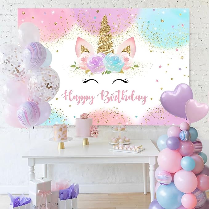 Mocsicka Unicorn Birthday Decorations Backdrop for Girls Party 8x6ft Pastel Rainbow Glitter Stars Dots Happy Birthday Banner Photo Booth Props