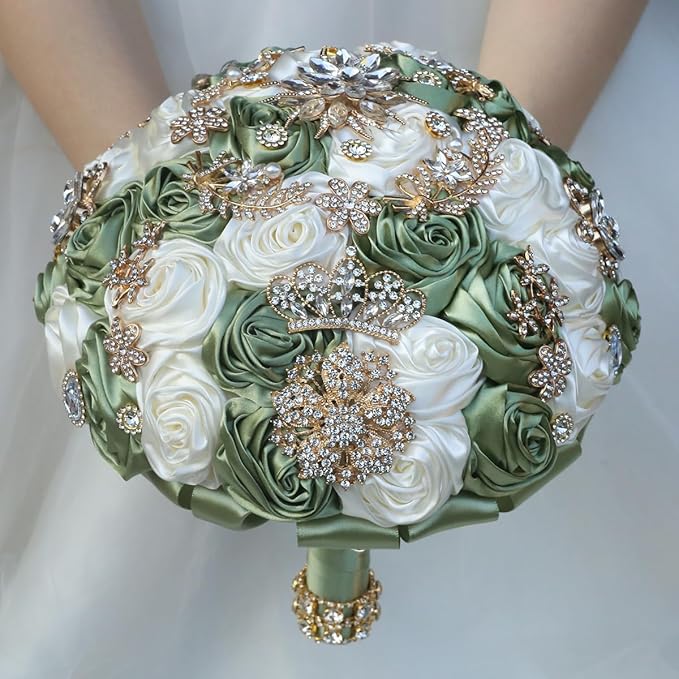 Handmade Satin Rose Floral Bling Pearl Decor Bridal Wedding Bouquet Rhinestone Pendant Artificial Brooch Flowers for Bride Bridesmaid Quinceanera