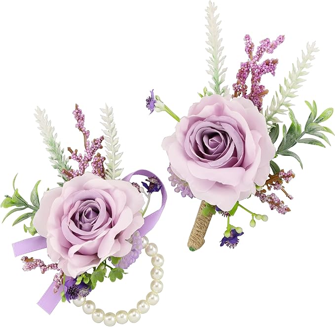 SITUMEIZI 2Pcs Purple Corsage and Boutonniere Set,Corsage Wristlet for Prom Decor,Boutonniere for Men Wedding Flowers Accessories Party Suit Decoration