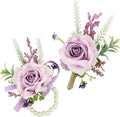 SITUMEIZI 2Pcs Purple Corsage and Boutonniere Set,Corsage Wristlet for Prom Decor,Boutonniere for Men Wedding Flowers Accessories Party Suit Decoration
