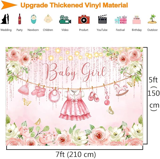 InMemory Pink Floral Baby Girl Baby Shower Backdrop Banner Decorations for Girl,Rose Gold Baby Clothes It's a Sweet Girls Baby Shower Party Banner Photography Background Photo Booth Backdrops 7x5ft