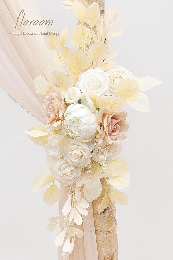 Floroom Arch Flowers with Drapes Kit (Pack of 4) - 2pcs Artificial Cream Floral Swag Arrangement with 2pcs Draping Fabric for Wedding Ceremony Arbor and Reception Backdrop Decoration