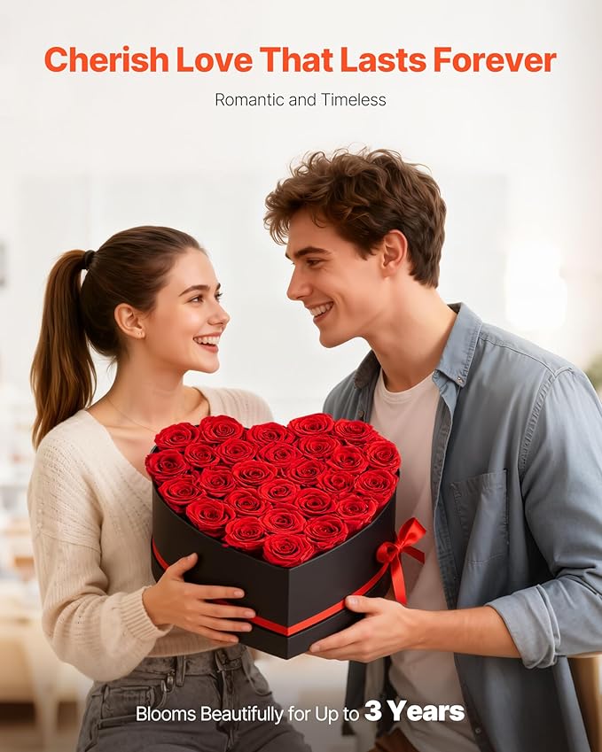 VEVOR Forever Flowers, 27 Preserved Roses in a Heart Shape Box, Eternal Flowers Immortal Bouquet Birthday Present for Delivery Prime Women Her Wife Mothers, Anniversary, Valentine's Day,Christmas, Red