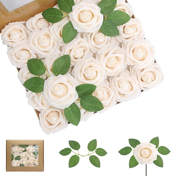 100PCS Champagne Artificial Flowers Roses Real Looking Foam Fake Roses with Leaves for DIY Wedding Bouquets Bridal Shower Centerpieces Party Decorations (Champagne, 100)
