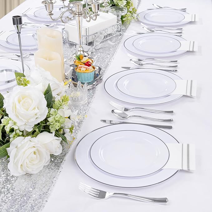 SUT 350 Piece Silver and White Plastic Dinnerware Set for 50 Guests, Disposable Plastic Plates, Include: 50 Dinner Plates, 50 Dessert Plates, 50 Pre Rolled Napkins with Silver Silverware, 50 Cups