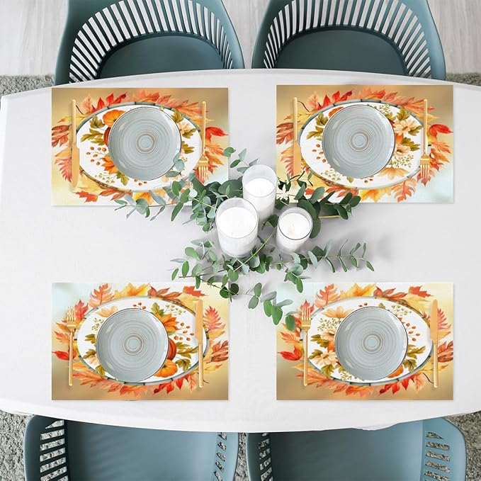 Fall Autumn Flower Pumpkin Placemats Set of 1 PVC Vinyl Non Slip Table Mats Heat Resistant Place Mats Washable Wipeable Dining Table Mat for Kitchen Decor Party Indoor Outdoor Decorative Gift