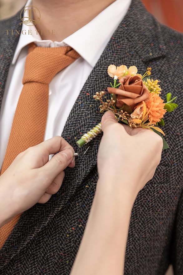 TINGE TIME Boutonniere for Men, Groom and Best Man Boutonniere for Wedding Ceremony Anniversary, Formal Dinner Party and Rustic Fall Wedding Marriage (Terracotta)
